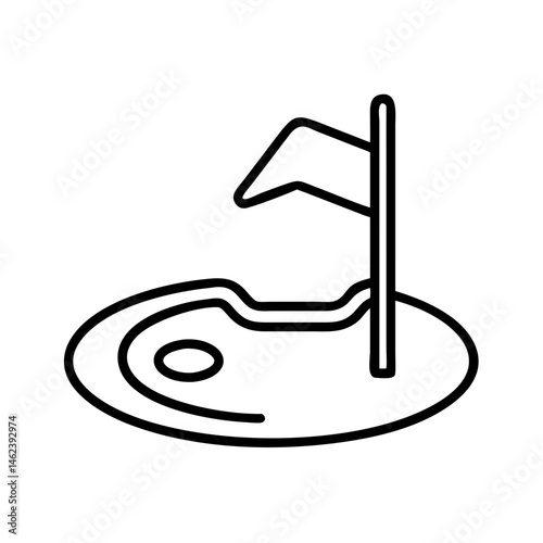 black outline icon of golf hole with flag and terrain contour on putting green, minimal vector design, course feature for tournament layout