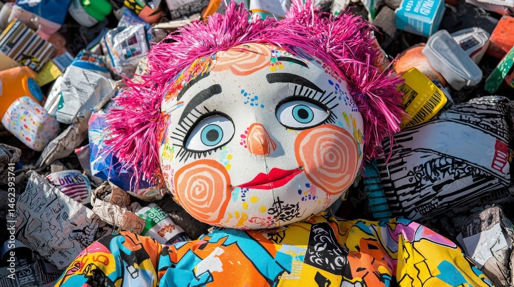 Fototapeta premium Colorful Puppet With No Strings Discarded Among Vibrant Craft Materials Highlighting Themes Of Abandonment And Creativity