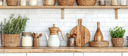 A rustic, wooden kitchen countertop display with assorted items. photo