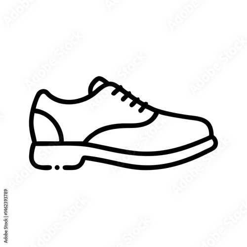 black outline icon of golf shoe with laces and grip sole, minimal sport footwear design, equipment symbol for golf tournament player