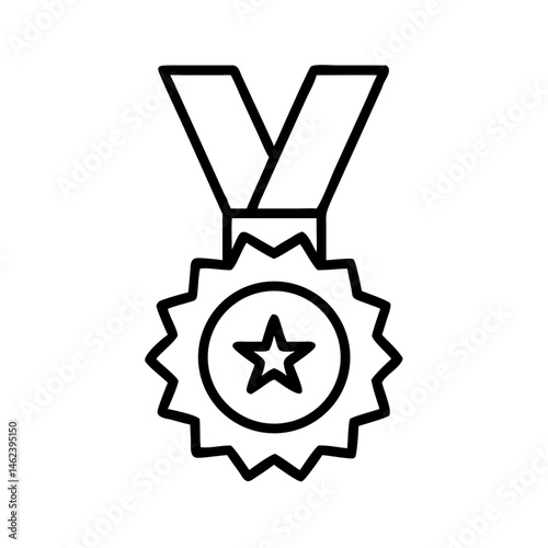 black and white line icon of award medal with star, vector illustration isolated on white background, symbol of golf tournament prize and recognition