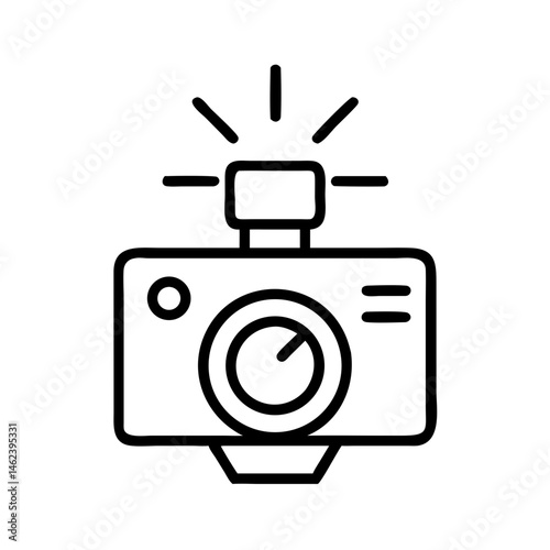 black and white line icon of vintage camera with flash, minimal vector style, isolated on white background, photography symbol for golf tournament materials