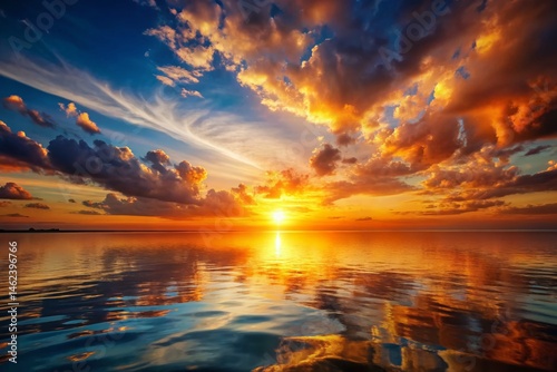 Stunning Sunset Over Calm Ocean Water - Golden Hour Horizon Glow