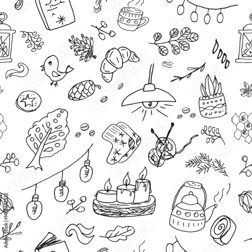 cozy hygge doodle set - hand drawn Scandinavian winter elements