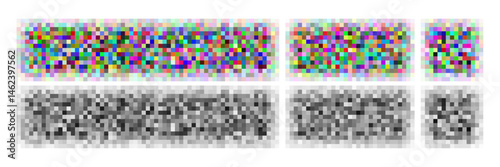 Censure image bar, blurred pixel png mosaic. People face private content box, secret word screen mask. Black white random color square rectangle, explicit forbidden image cover. Abstract video element
