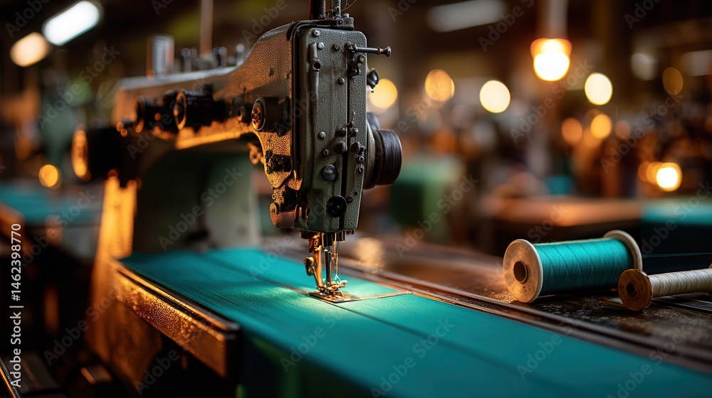 Fototapeta premium Nostalgic vintage sewing machine with turquoise fabric in workshop