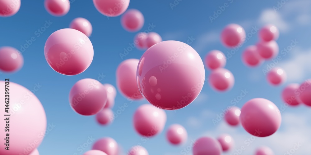 Pink balloons floating in the sky. The balloons are scattered in different directions, creating a sense of movement and playfulness. The bright pink color of the balloons contrasts with the blue sky Pink balloons floating in the sky. The balloons are scattered in different directions, creating a sense of movement and playfulness. The bright pink color of the balloons contrasts with the blue sky