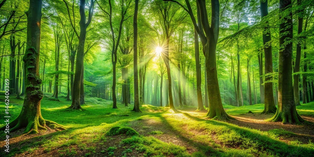 Obraz premium Sun-Dappled Summer Forest Panoramic: Lush Green Canopy, Sunlight & Shadows