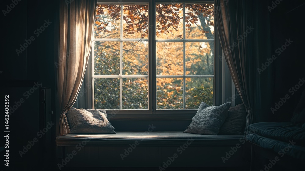 Fototapeta premium Autumnal window seat, warm sunlight streams through a window with autumn leaves outside, illuminating a cozy window seat with soft cushions