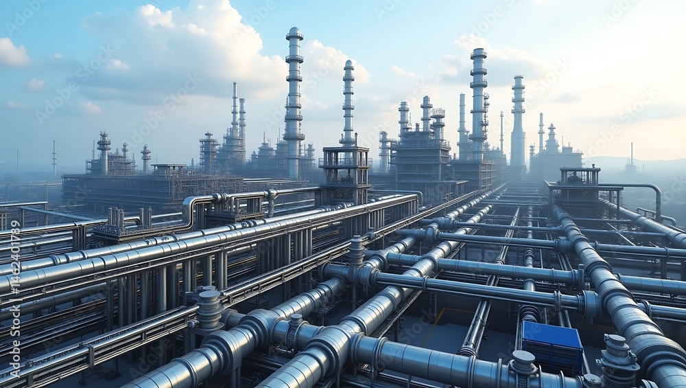 Fototapeta premium Complex Industrial Landscape Featuring Extensive Piping and Tower Structures