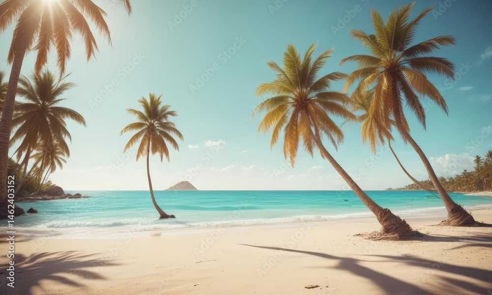 Obraz premium Sun-drenched palm trees, soft sand, turquoise ocean Vintage film grain , flare, ocean waves