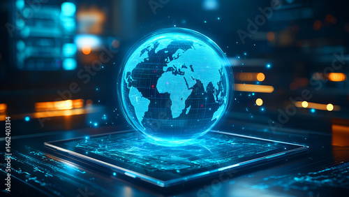 Digital Globe Hologram on Futuristic Tablet Device