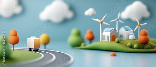 A landscape featuring a network of wind turbines and solar panels, representing a carbon-neutral energy infrastructure for a sustainable future.