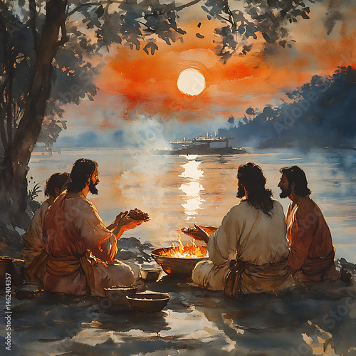 Soft-focused close-up of Jesus breaking bread by the sea, disciples silhouetted by the fire’s glow, sunrise casting gentle light over the scene, peaceful and sacred moment,  soft royal hues of red,
