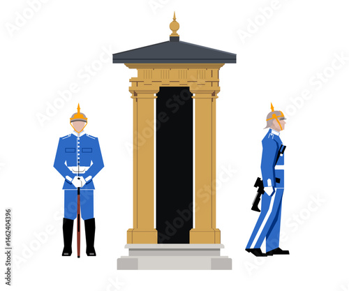 Swedish Royal Guards standing near Sentry Box. Royal Stockholm Palace, Sweden