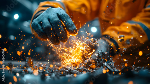 A close-up shot shows a gloved hand working with sparks. Suggests industry construction and powerful visuals for a dynamic presentation.