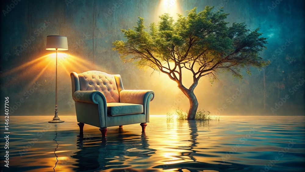 Fototapeta premium Surreal Cozy Flooded Room: Armchair, Tree, Lamplight, Ethereal Atmosphere