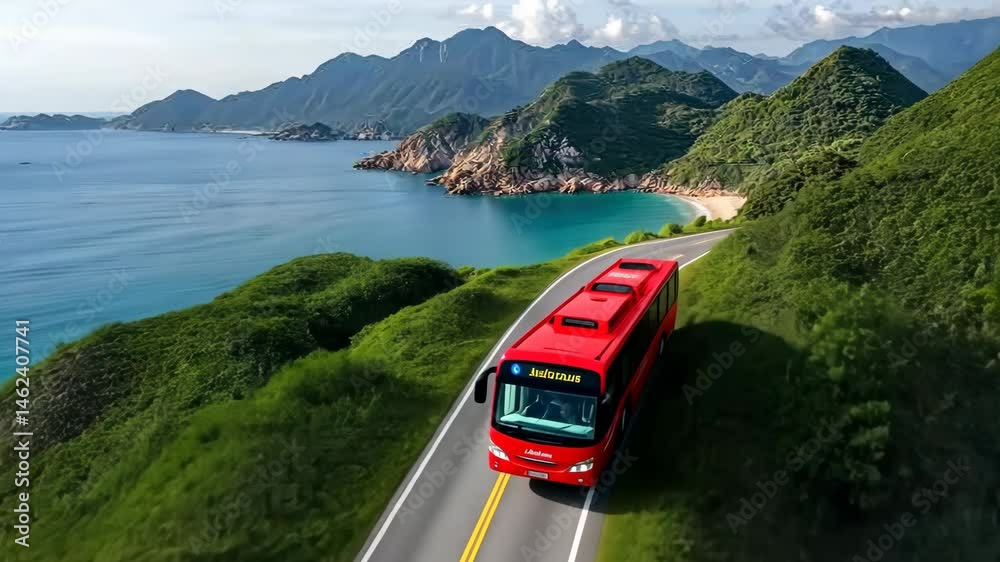 Beautiful coastal road trip along scenic beaches with a bright red bus in a stunning mountainous landscape