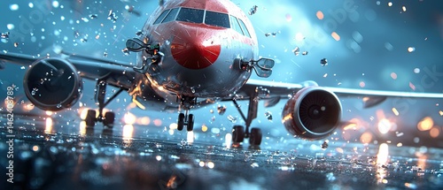 A depiction of an in-flight emergency scenario, with passengers wearing oxygen masks as the aircraft rapidly descends to a safer altitude.