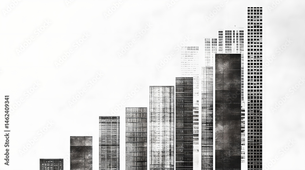 Fototapeta premium Minimalist Black and White Illustration of Skyscraper Skyline in Ascending Order