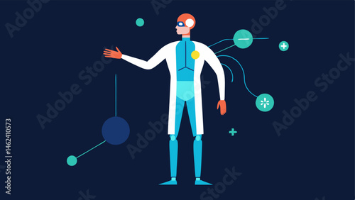Interactive 3D Model An illustration of a doctor using gestures to manipulate a 3D model of a human body rotating it to focus on specific areas indicated in the MRI.