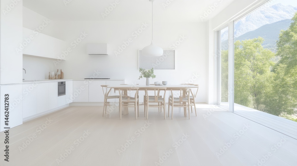 Fototapeta premium Modern minimalist kitchen and dining area with large windows