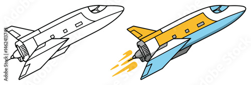 Spaceplane Line Art Vector Outline Illustration Black and White with Coloring Sample