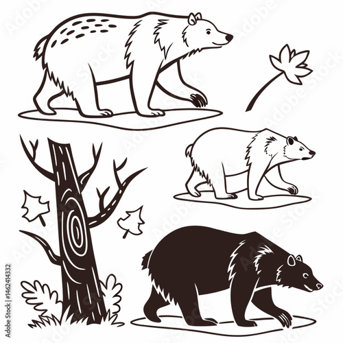 Collection of Vector Halloween Bear Outline. Set of Isolated Halloween Forest Animal Coloring Page. Adorable Bears and Bees, Black and White Vector Illustration for Kids