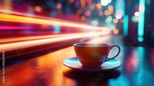 Wallpaper Mural Steaming coffee cup on city night bar, blurred lights Torontodigital.ca