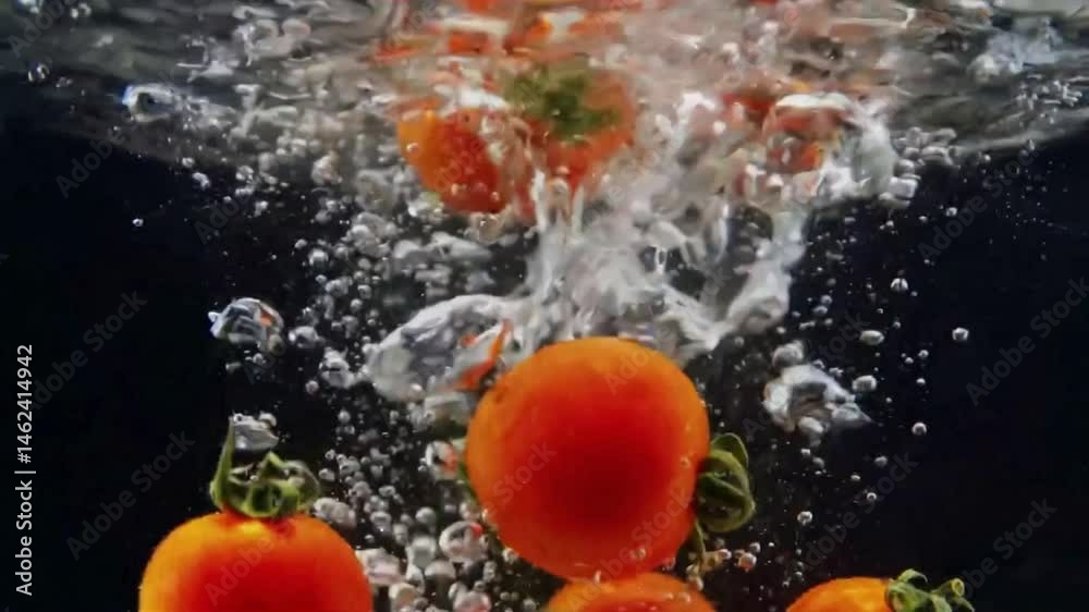 瑞々しいチェリートマトが水中で弾けるマクロ映像