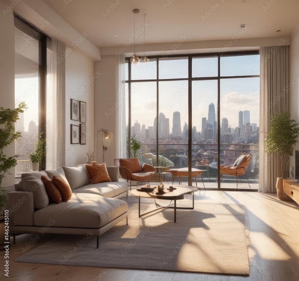 Fototapeta premium Sun-drenched modern living room with city view balcony , architecture, sunlight