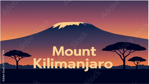 Mount Kilimanjaro surrounded by lush savannah and wildlife as a vector illustration.eps