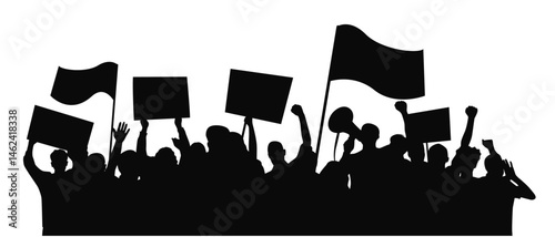 Crowd of protesters people, Angry protesters, Silhouettes of people with banners and megaphones