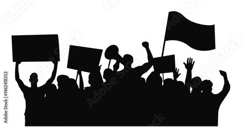 Protesters with banners and megaphones silhouettes, Activists protesting, Arms raised in protest