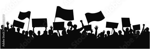 Protesters with banners and megaphones silhouettes, People holding fists up at a protest