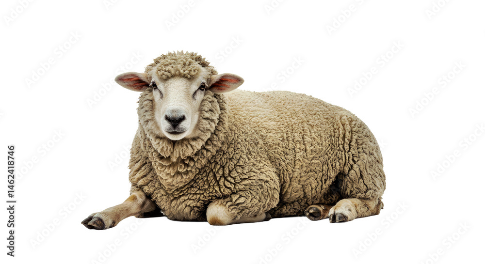 Obraz premium Resting Merino Sheep Thick Wool Coat Serene Face Lying Down Full Body Isolated White Fine Wool Breed Calm