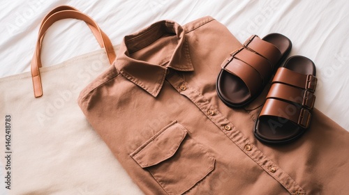 Casual brown shirt and sandals arranged on a light fabric surface with a tote bag nearby