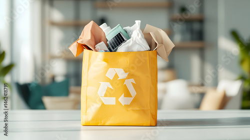 A yellow paper recycling bag is filled with various items ready for disposal. It is an image symbolizing environmental responsibility and promoting eco-friendly practices. Reduce reuse recycle.