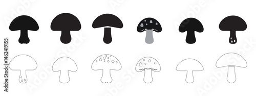 Vector set of black silhouettes of mushroom.