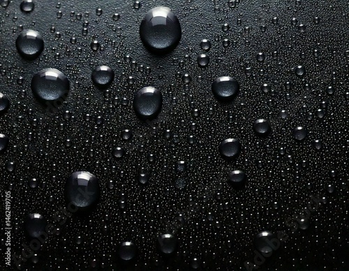 Condensation, surface, background, black, shiny — Tiny water droplets beautifully form on a reflective black surface, creating a mesmerizing pattern of natural condensation that enhances the rich, dar
