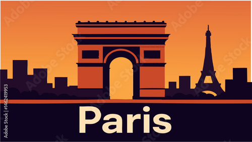 Paris Arc de Triomphe with a vibrant city backdrop as a vector illustration.eps
