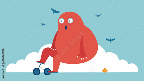 Illustration 5 The giant sits awkwardly on the tiny bike with both feet stuck in the air having completely lost control. Their large eyes are wide with surprise and a few birds are