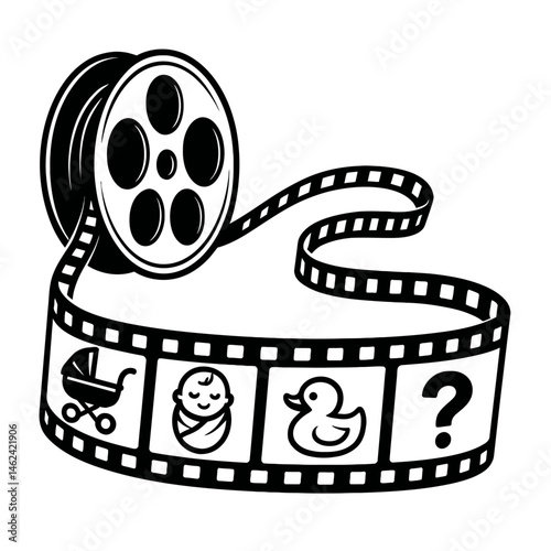 Film Reel with Baby Items and Question Mark Illustration - Baby Story