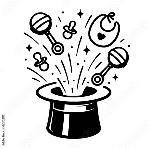 Magic Hat with Baby Items Popping Out Illustration - Baby Reveal