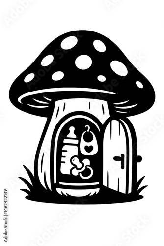 Mushroom House with Baby Items Inside Illustration - Whimsical Baby Home