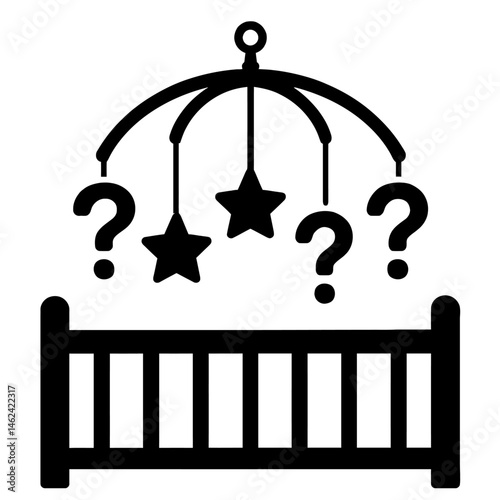 Baby Crib with Mobile, Stars, and Question Marks - Gender Reveal Illustration