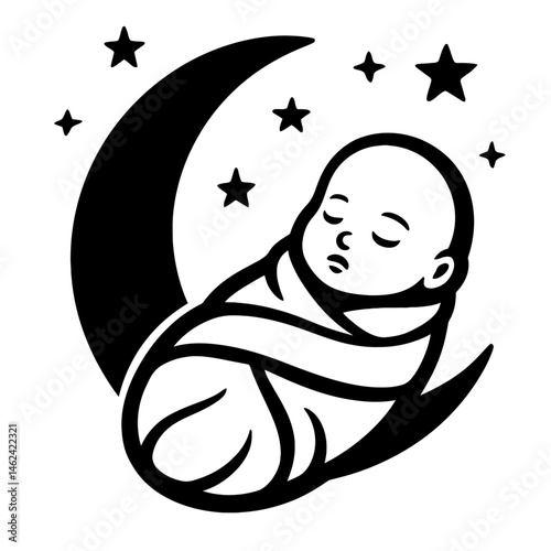 Sleeping Swaddled Baby on Crescent Moon with Stars Illustration