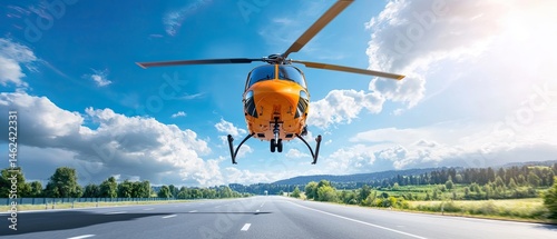 An air ambulance helicopter descending onto a busy highway to rapidly respond to an emergency situation and transport a patient in critical condition to a nearby hospital.