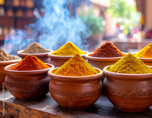 Fototapeta Naklejka Na Ścianę i Meble -  Colorful mounds of ground spices in traditional clay bowls on a market table. Vibrant hues of turmeric, chili, and curry evoke the rich aroma and culture of spice trading.