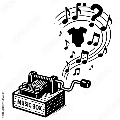 Music Box with Baby, Question Mark, and Music Notes - Gender Reveal Illustration